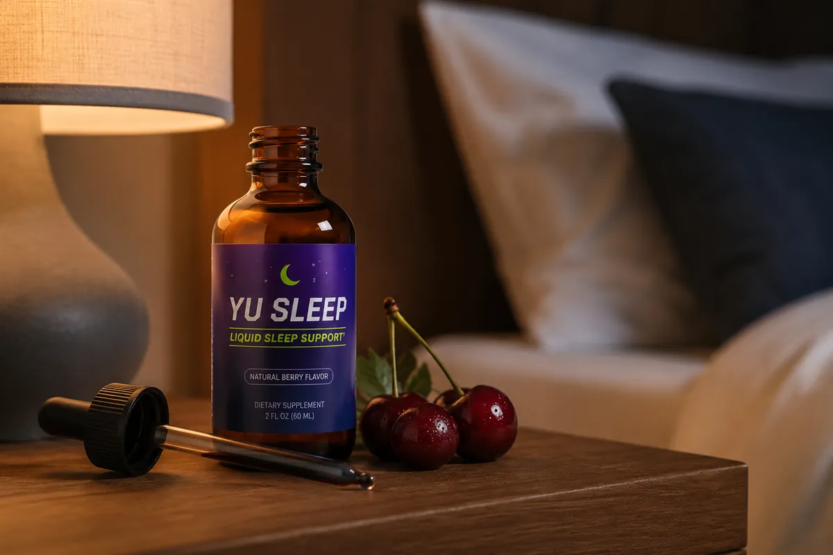 YU Sleep bottle on a bedside table before bedtime