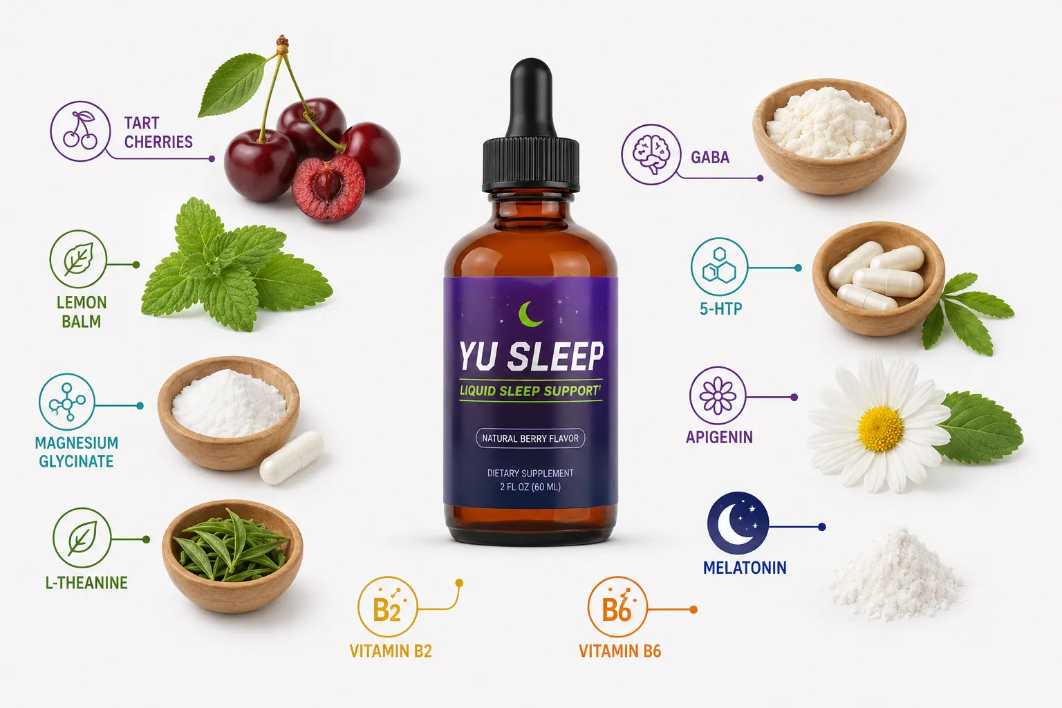 YU Sleep bottle surrounded by the ingredients in its nighttime formula